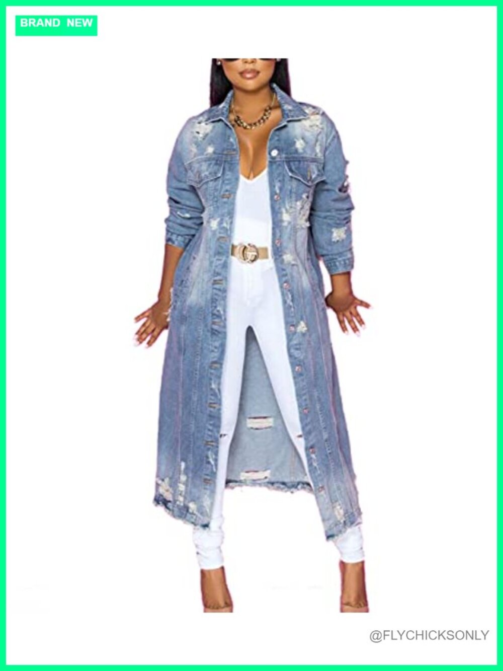 Ripped Distressed Long Denim Jacket Trench Coat Button Up Cotton